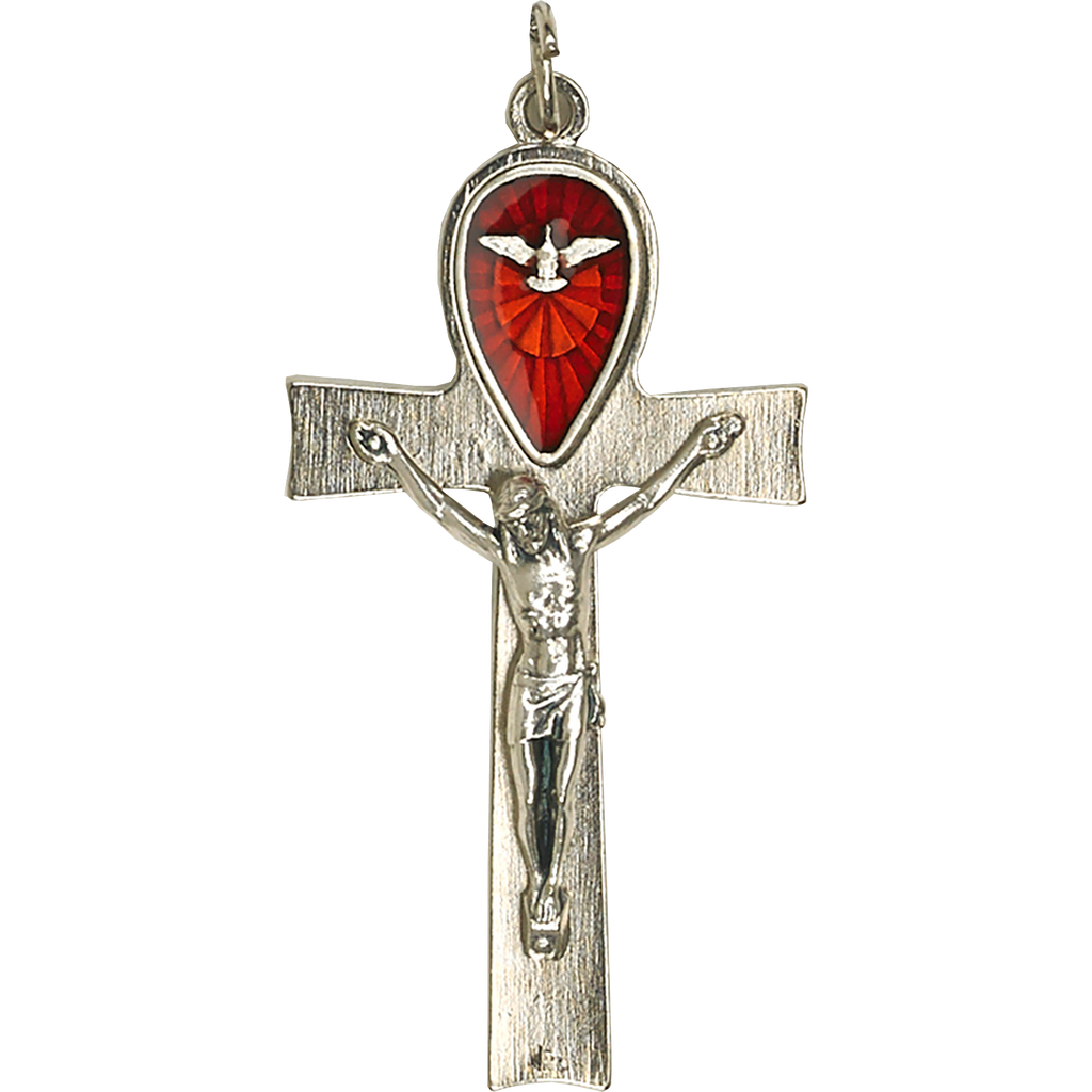 3 Inch Silver Tone Cross With Red Enamel Holy Spirit