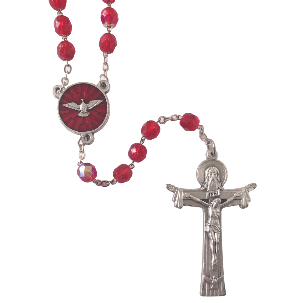 Red Enamel Confirmation Rosary With Enameled Gifts Of The Holy Spirit Center & Trinity Cross