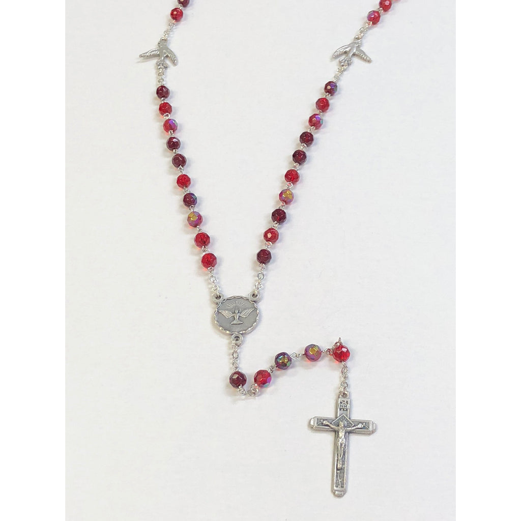 Red Enamel Confirmation Rosary With Holy Spirit Center And Holy Spirit Our Father Beads