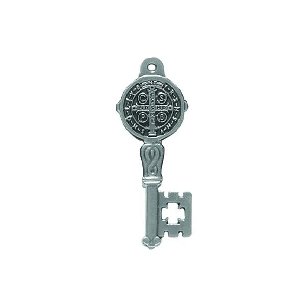 Silver-tone Key Shaped Pendant/Medal - Saint Benedict