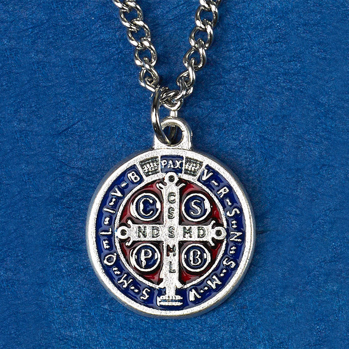 Saint Benedict Silver Tone with Dark Blue/Red Enamel Medal