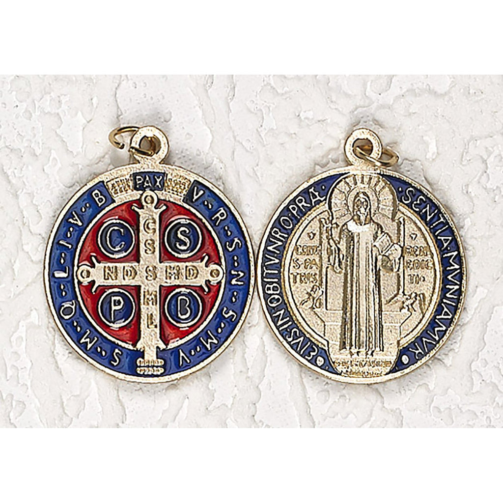Saint Benedict Gold Tone with Dark Blue/Red Enamel Medal