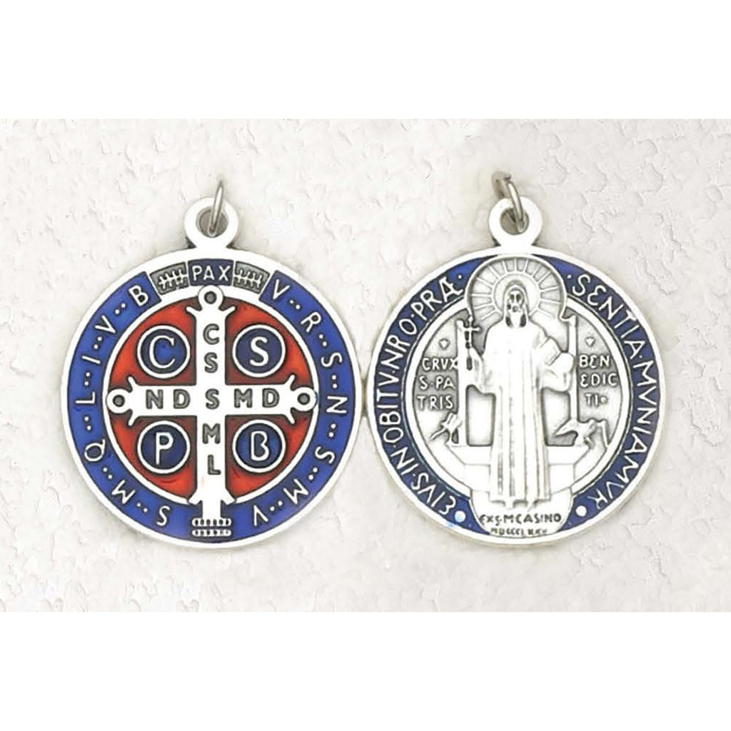 Saint Benedict Silver Tone with Dark Blue/Red Enamel Medal