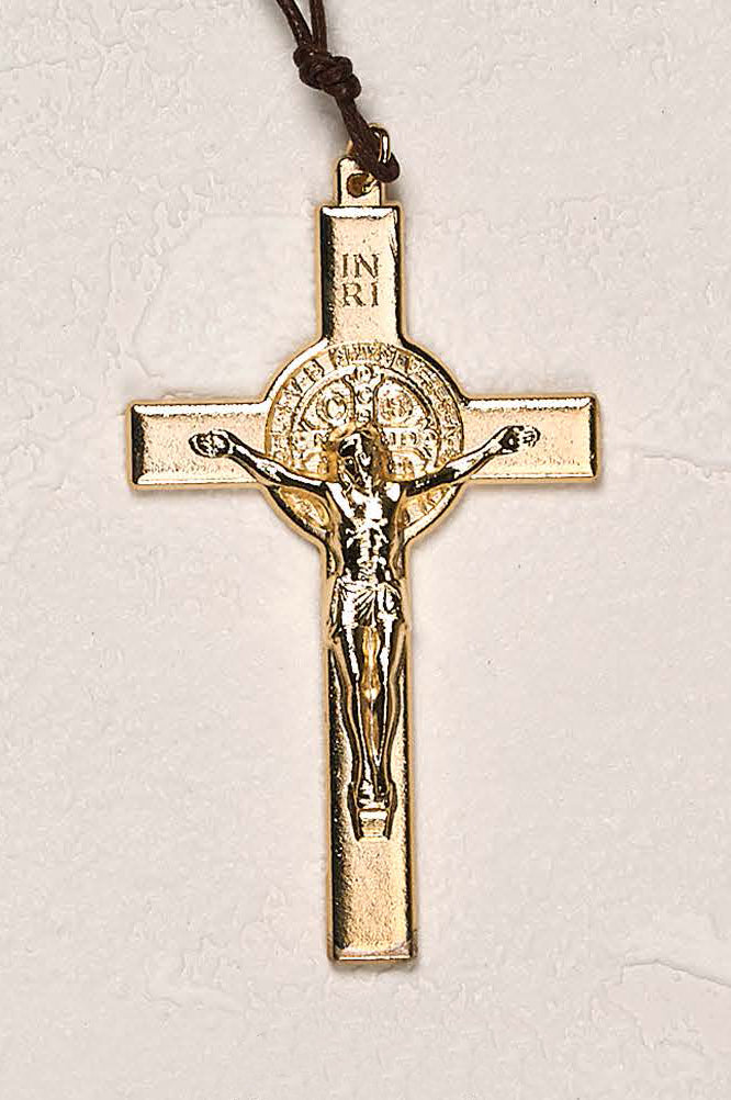 3-1/2 inch Gold Tone Saint Benedict Cross with Cord