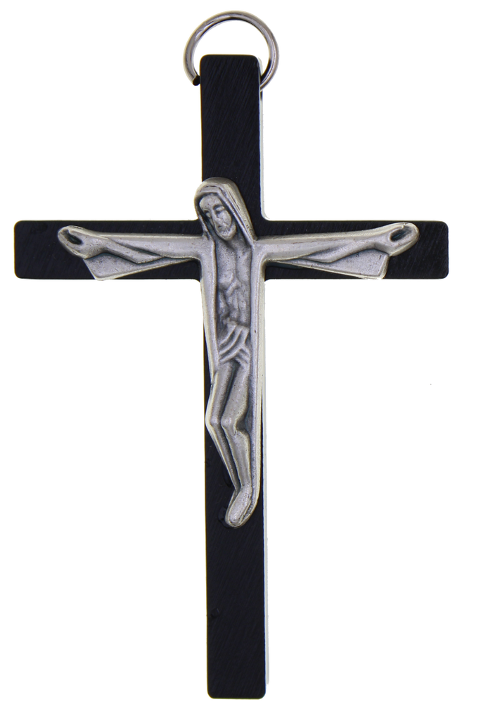 Black Olive Wood Cross with modern Silver-tone corpus, app 3 inches