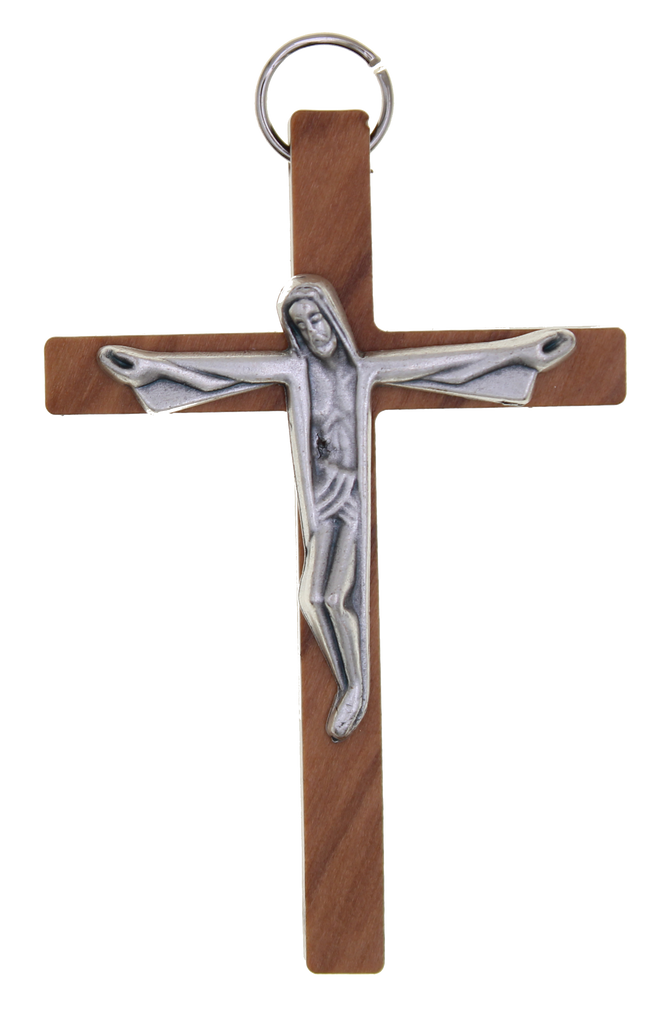 Light Olive Wood Cross with modern Silver-tone corpus, app 3 inches
