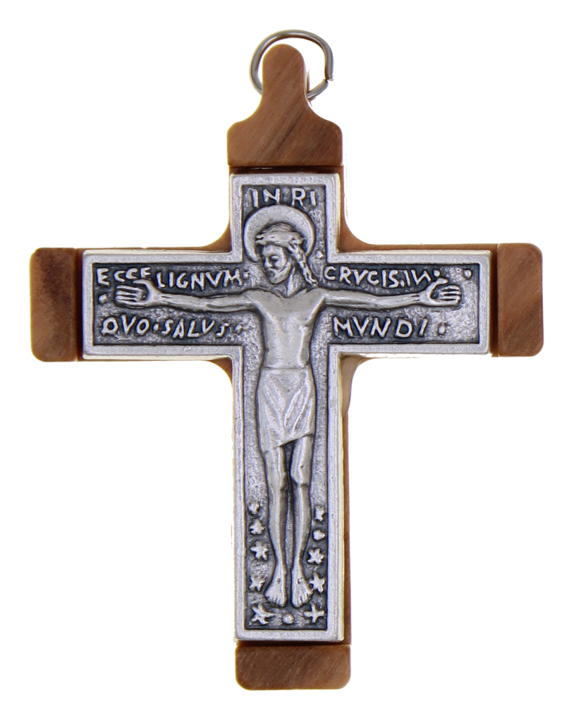 Light Olive Wood Cross with Silver-tone corpus and design, app 2 inches