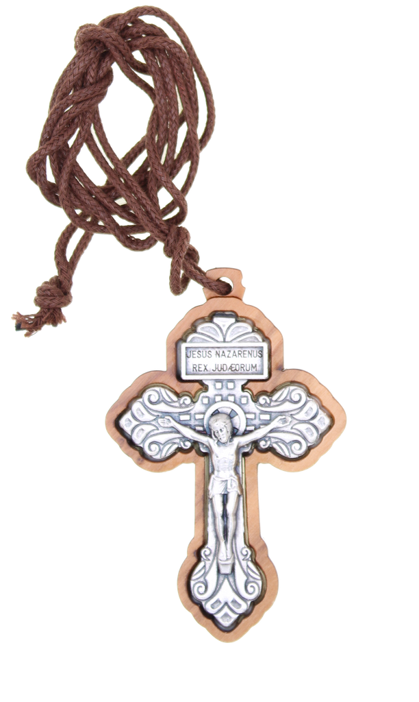 Pardon Crucifix, Light Olive Wood with engraved silver-tone, app 2 1/4 inches