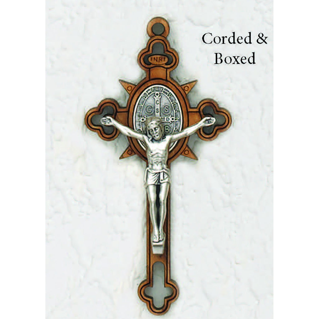 Saint Benedict Wood Starburst Cross - Silver Tone Medal