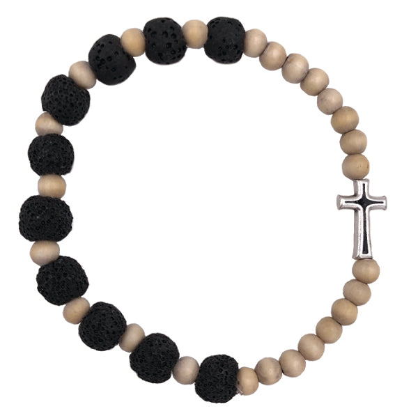 Light Wood Tone Stretch Bracelet with Black "Volcanic Looking" Beads with Enameled Cross