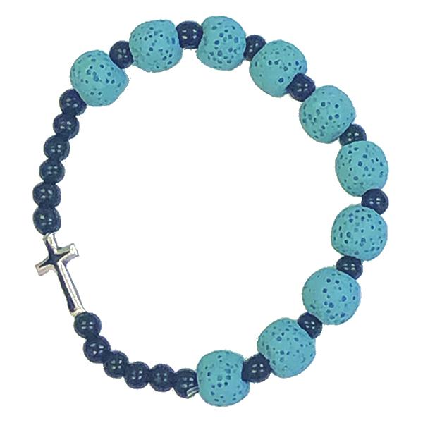 Black Stretch Bracelet with Blue "Volcanic Looking" Beads with Enameled Cross