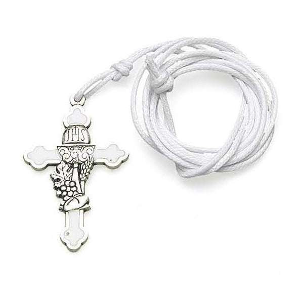 1-1/2 Inch White Enamel On Silver Tone Communion Cross With Cord