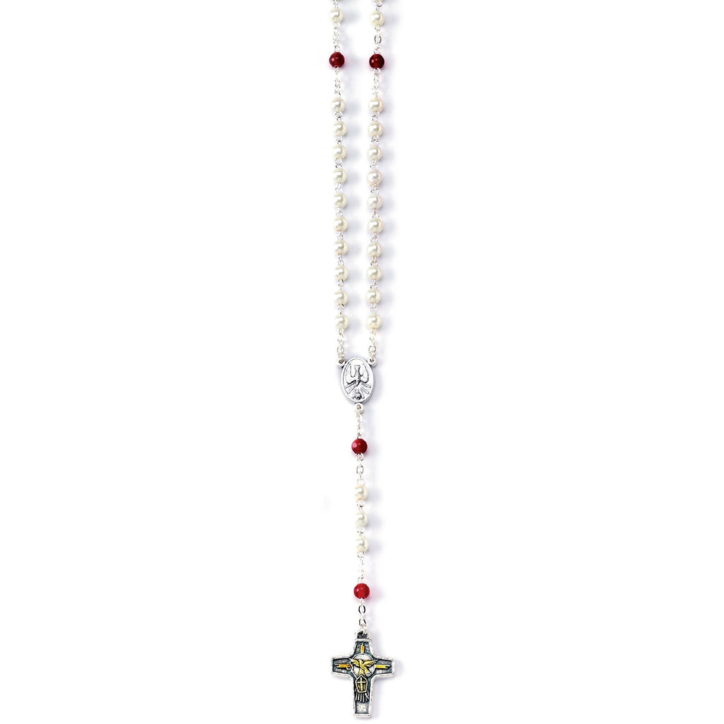 5mm Imitation Pearl Rosary With Red Our Father Beads And Two Tone Cross