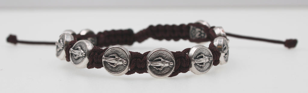 Brown Cord Slip Knot Bracelet with Miraculous Medals