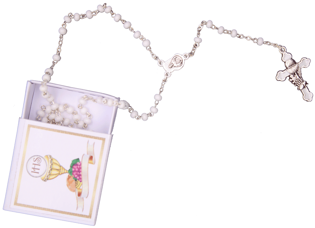 White Glass Communion Rosary with metal parts, 4mm, Com. box