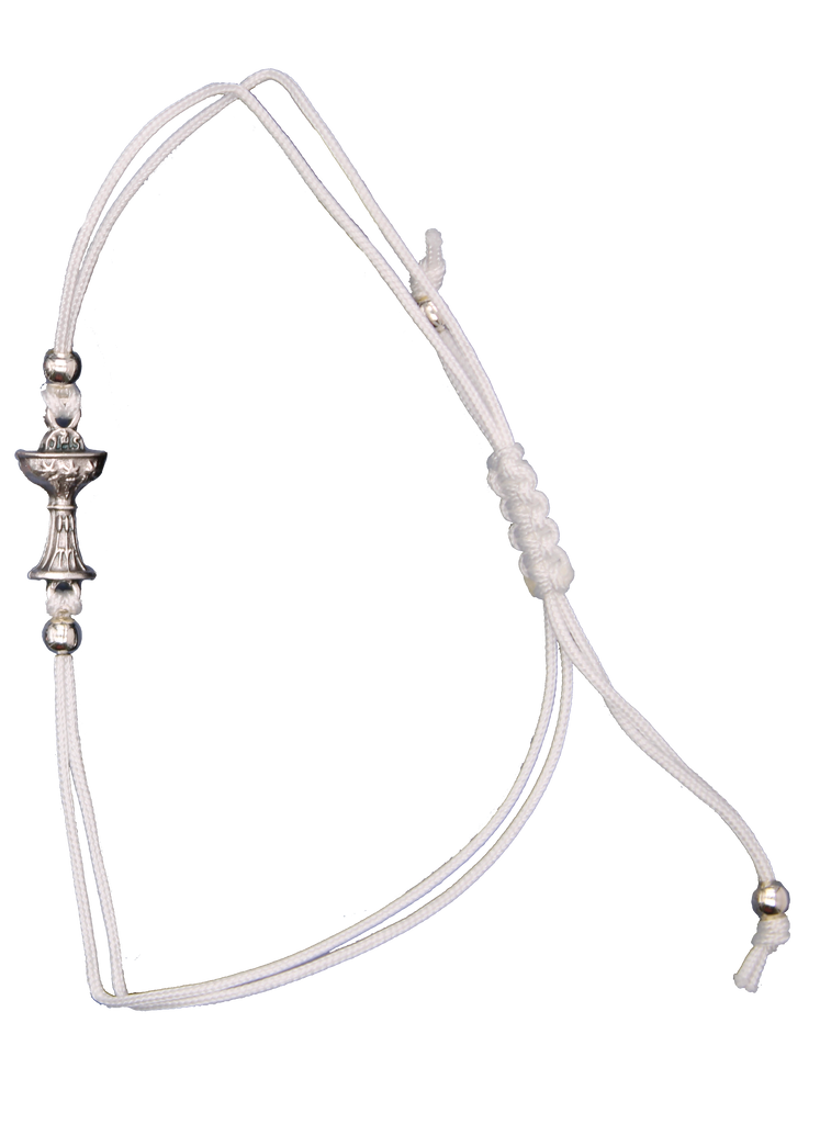 Adjustable white string bracelet with Communion Chalice