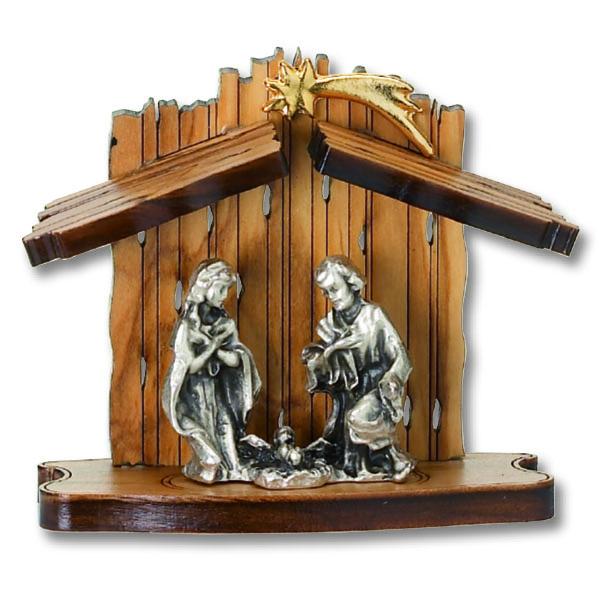 Olive Wood Nativity with Silver-Tone Figurines, Slanted Roof