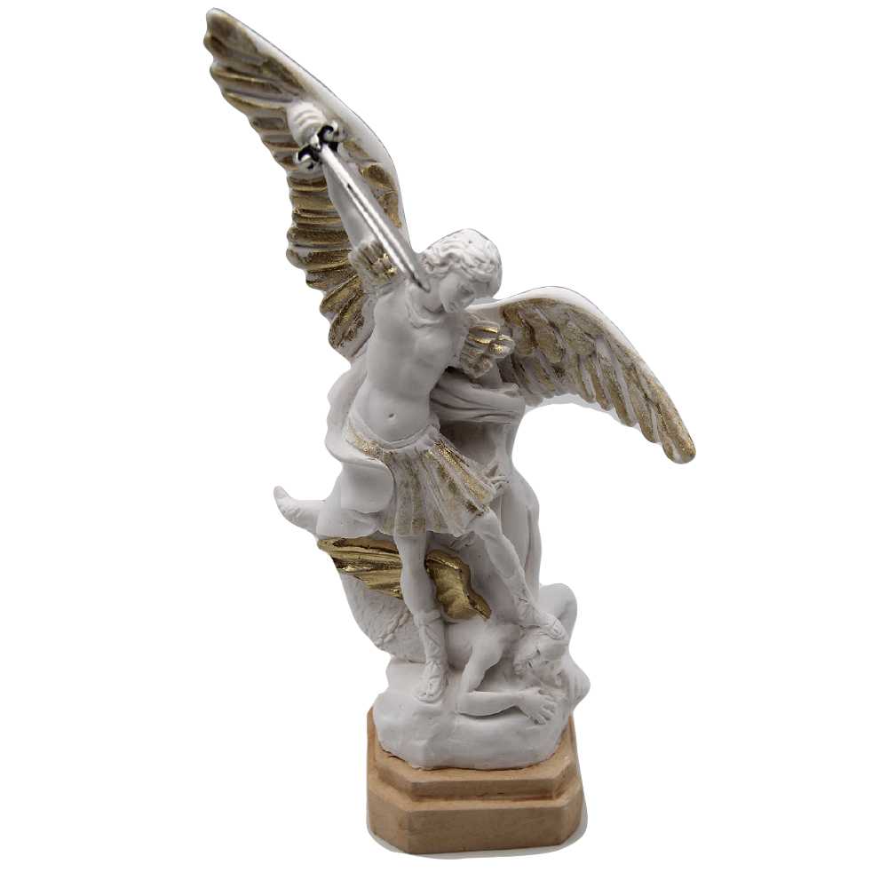 White Resin Saint Michael Statue with Gold Tone Trim
