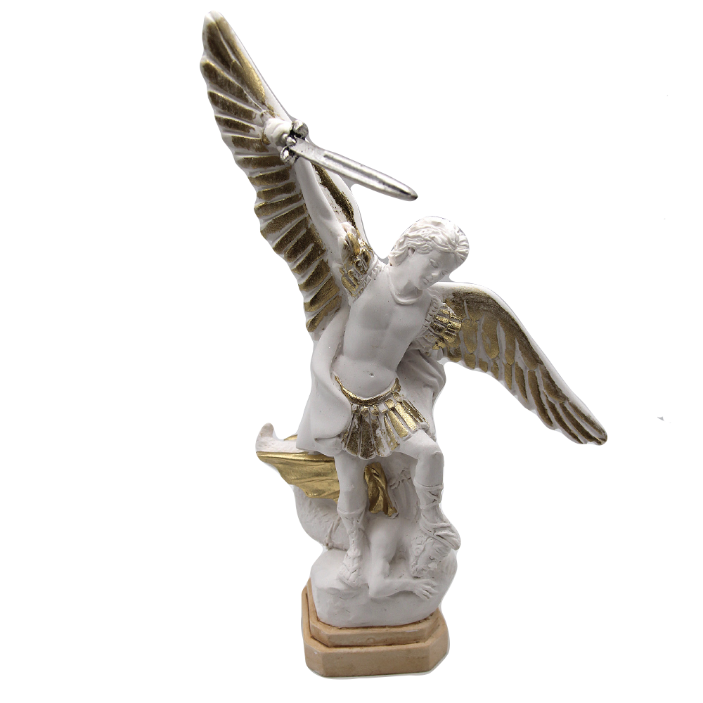 White Resin Saint Michael Statue with Gold Tone Trim