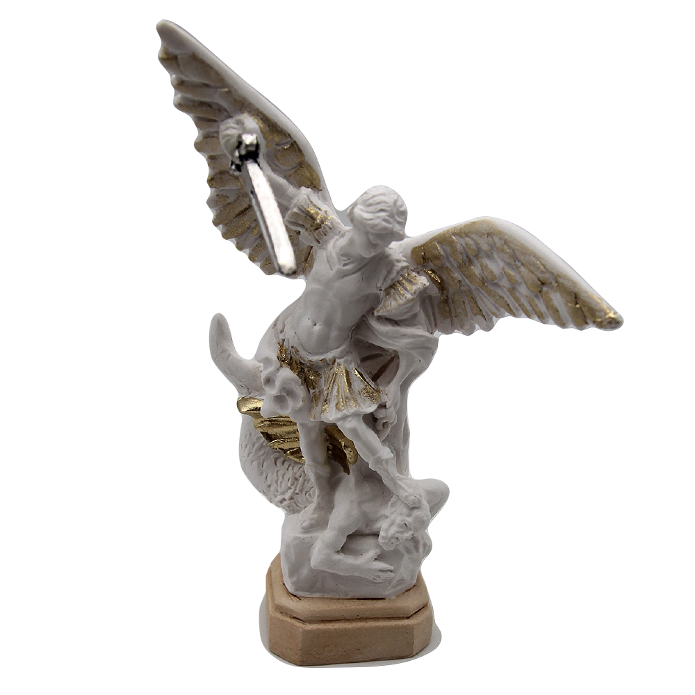 White Resin Saint Michael Statue with Gold Tone Trim