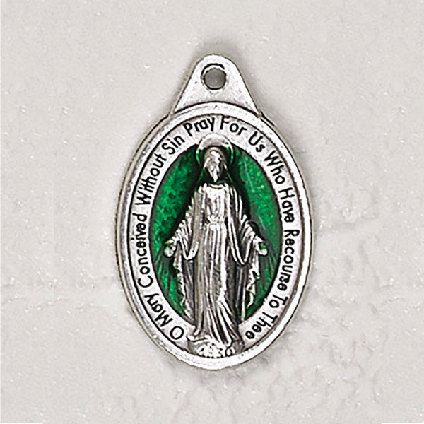 Silver tone Miraculous Medal - Double Sided with Green Enamel