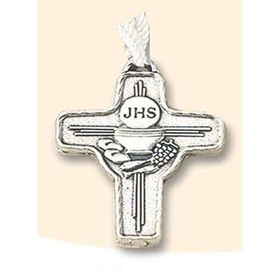 1-1/2 Inch First Holy Communion Silver Tone Cross With Cord