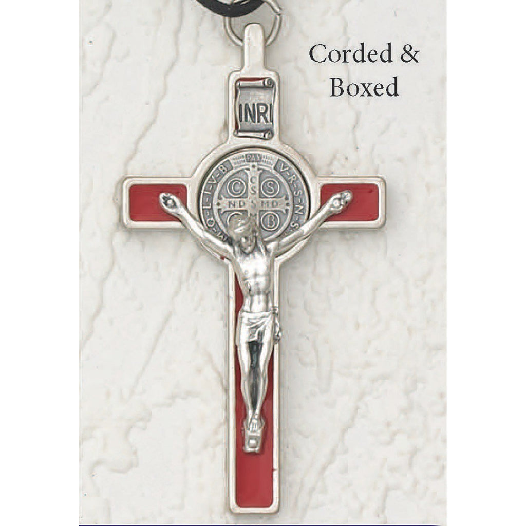 Saint Benedict Red Enamel Crucifix - Silver Tone Medal