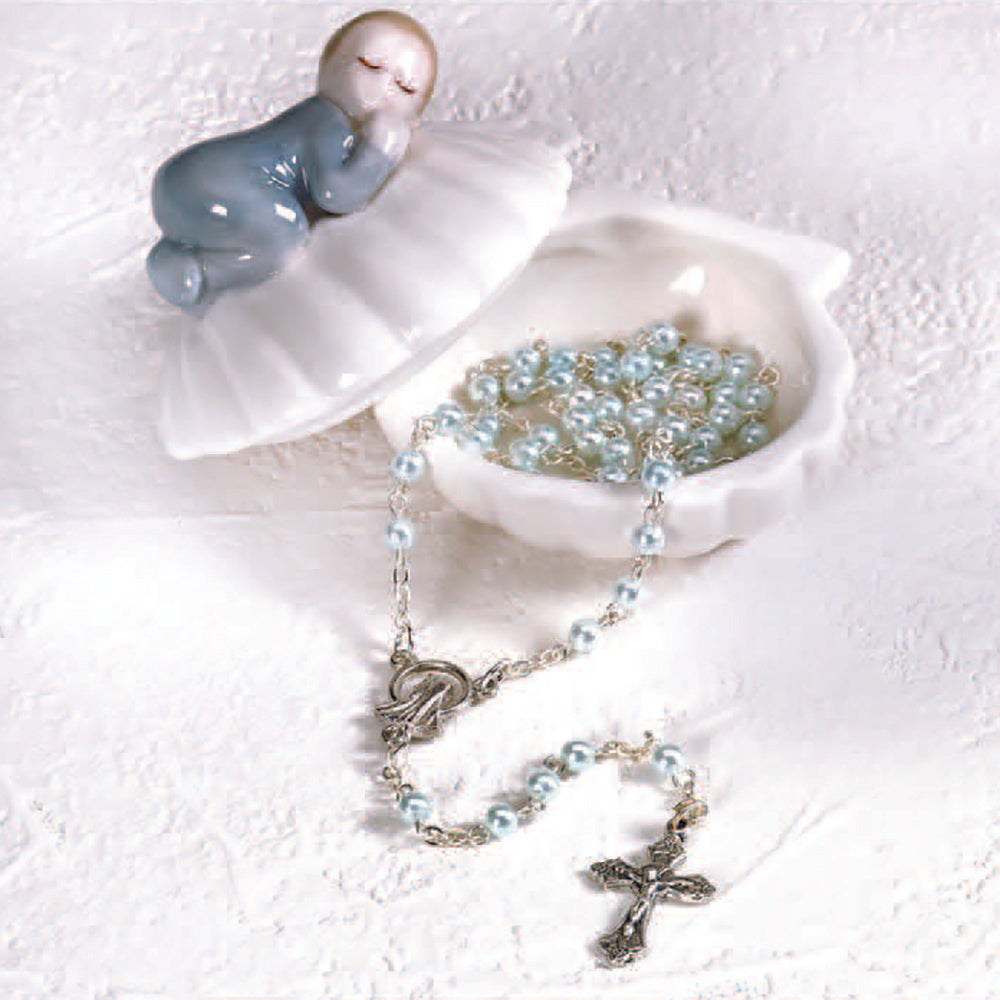 Blue Porcelain Baby Keepsake Box with Rosary