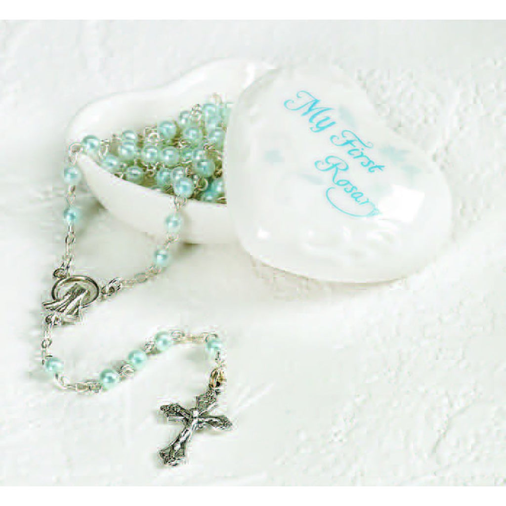 Porcelain Baby Keepsake Box with Rosary Blue