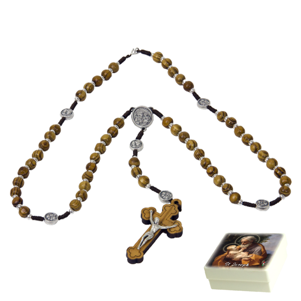 7mm St. Joseph Wooden Rosary with Metallic Medals