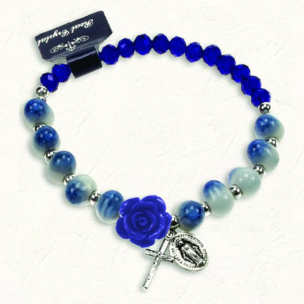 Navy Blue and White Stretch Bracelet with Crystals and Blue Rose Shaped Resin Bead