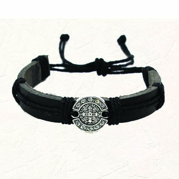 Black “leather feel” St. Benedict Slip knot Bracelet