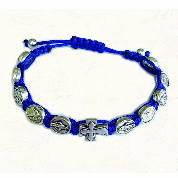 Blue Slip knot bracelet with Medals and Cross