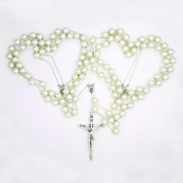 Large Imitation Pearl and Silver-tone Wedding Lasso Rosary