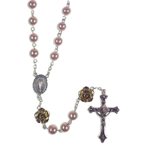 Rose Colored Imitation Pearl Rosary with Gold Tone Rose Petal Our Father Beads