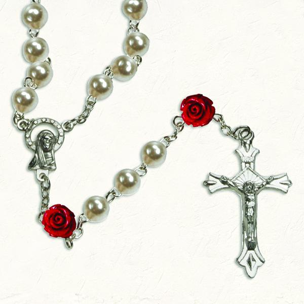 Imitation Pearl Rosary with Red Rose Resin Our Father Beads