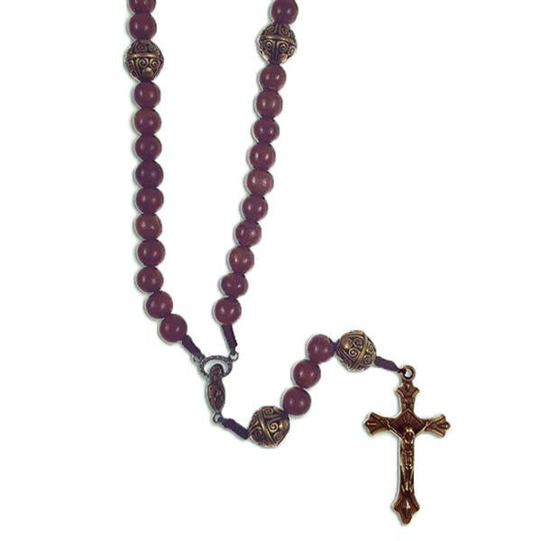 Corded Wooden Rosary with Brown Crucifix - Brown Beads with Brass Our Father Beads