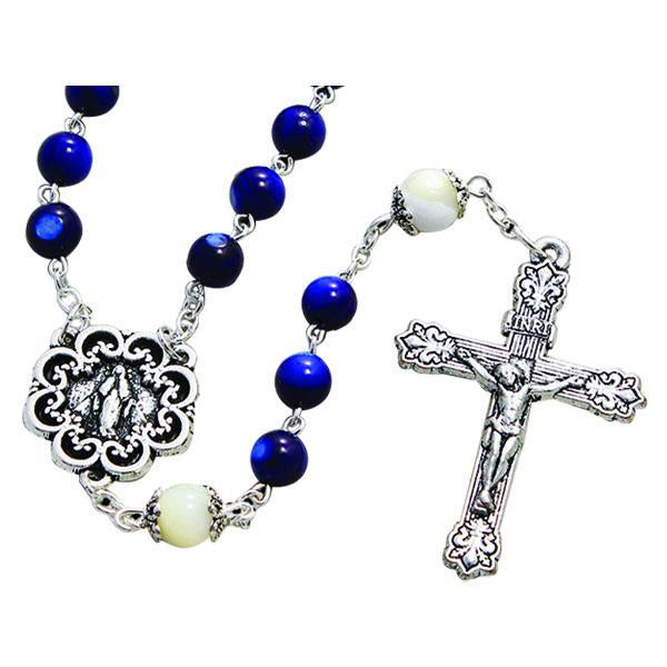 Dark Blue Bead Rosary with White Our Father Beads