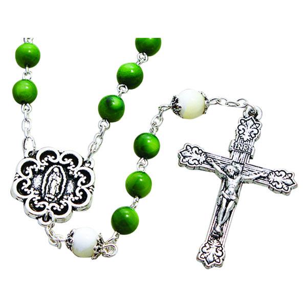 Green Bead Rosary with White Our Father Beads