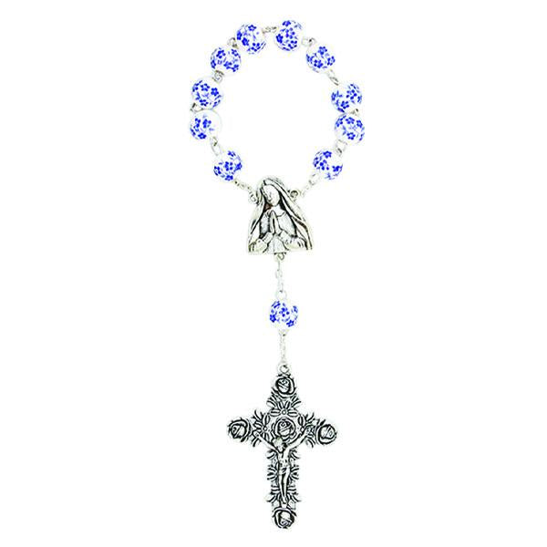Blue and White Porcelain Auto Rosary with silver-tone Crucifix