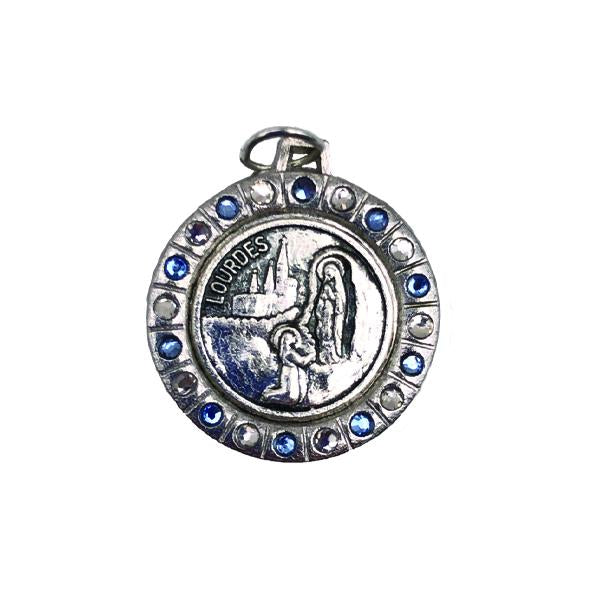 Round Silver-tone Lady of Lourdes Medal with Light Blue/Clear Crystals
