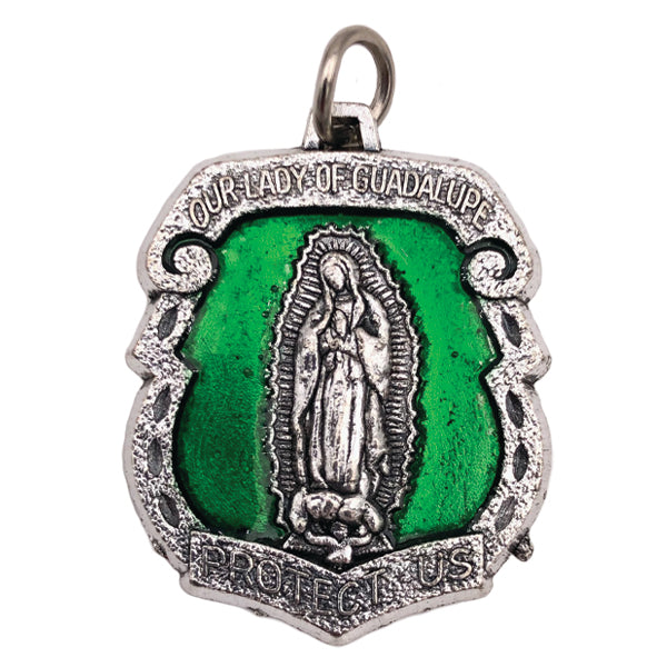 Silver-tone Lady of Guadalupe Medal with Green Enamel
