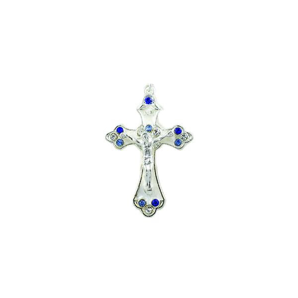 Silver-tone Pendant Cross with White Enamel and Blue Crystals
