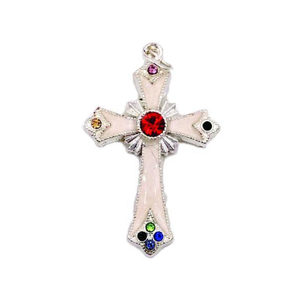 Silver-tone Pendant Cross with White Enamel and Multi-color Crystals
