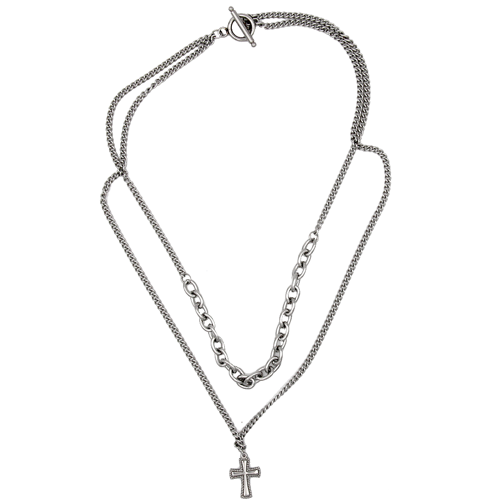 2 Strand Silver-Tone Chain Necklace with Cross