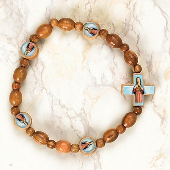 Immaculate Heart of Mary - Italian Olive Wood Saint Stretch Bracelets - Pack of 6
