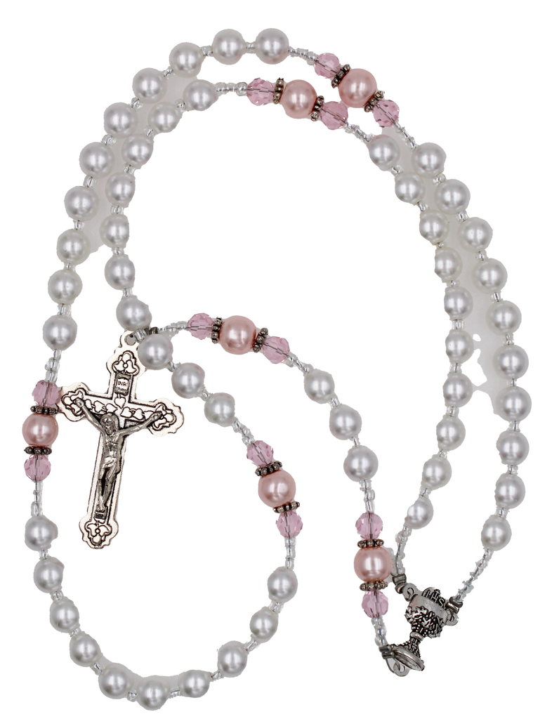 Communion Rosary, white with pink OF beads with Pink Organza Pouch