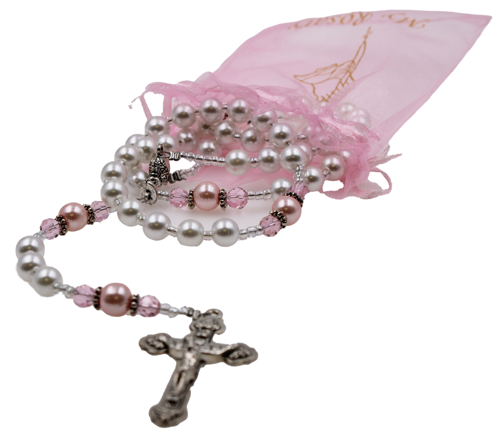 Communion Rosary, white with pink OF beads with Pink Organza Pouch