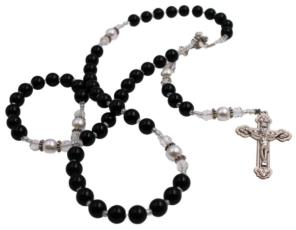 Communion Rosary, black with white OF beads with White Organza Pouch
