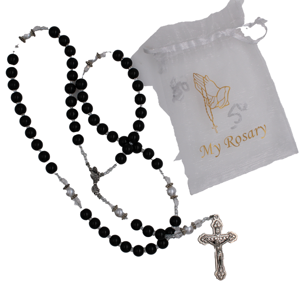 Communion Rosary, black with white OF beads with White Organza Pouch